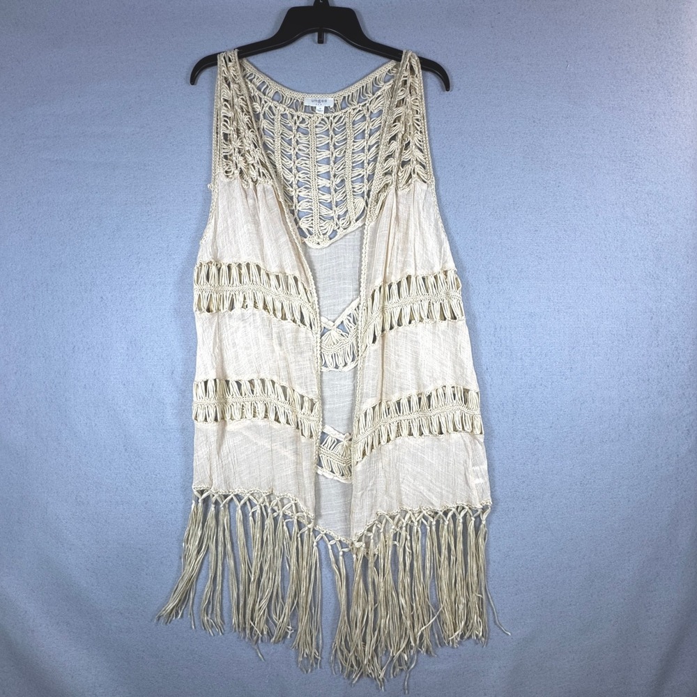 UMGEE Crochet Macrame Fringe Med Vest Longline Cream Boho Festival Duster Hippie